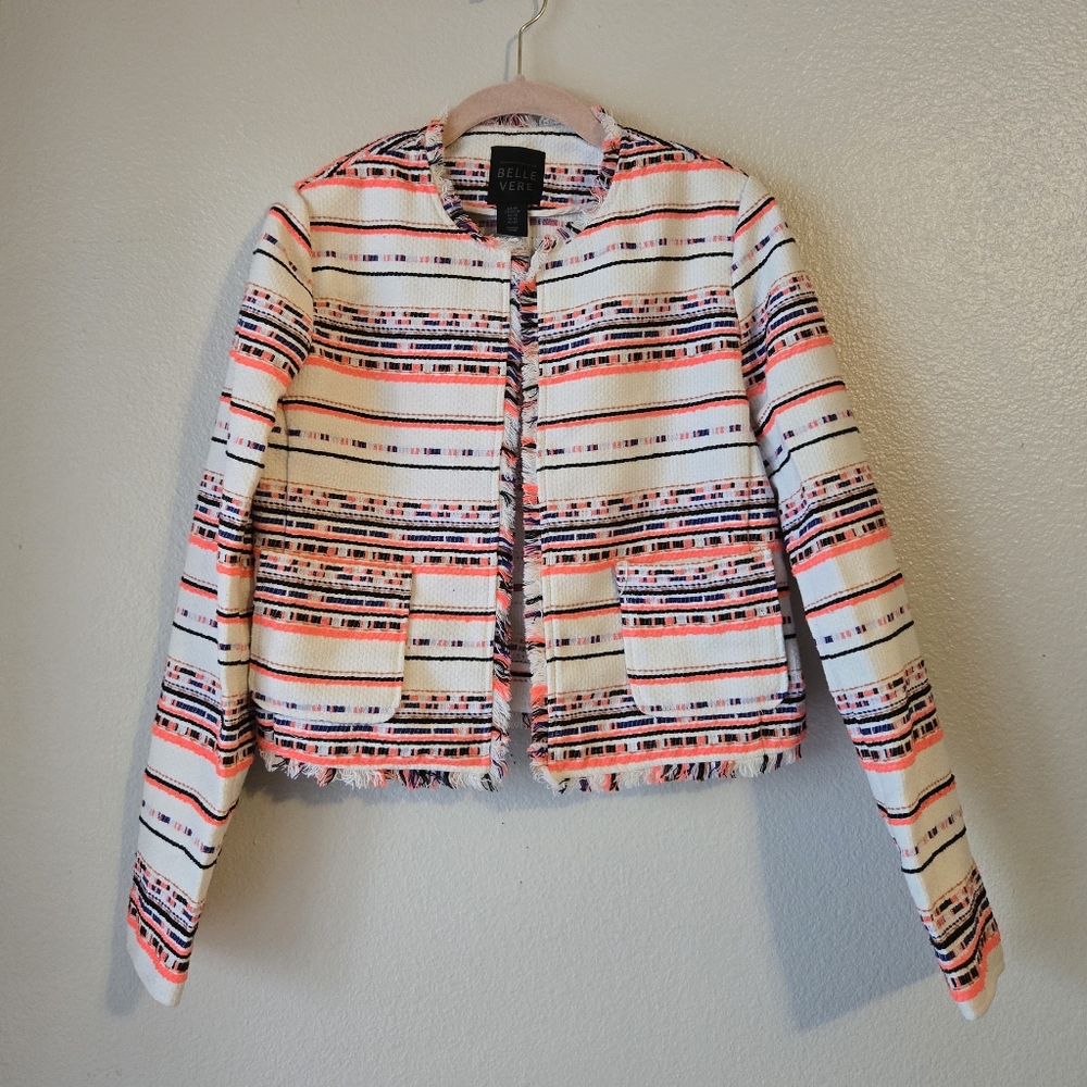 Belle Vere White And Coral Blazer with Structured Design, Size XS, Open Front